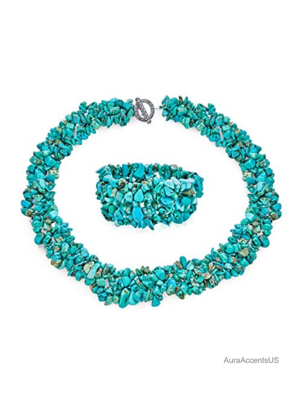Gemstone Chip Bib Statement Necklace Stretch Bracelet Set Silver Plated